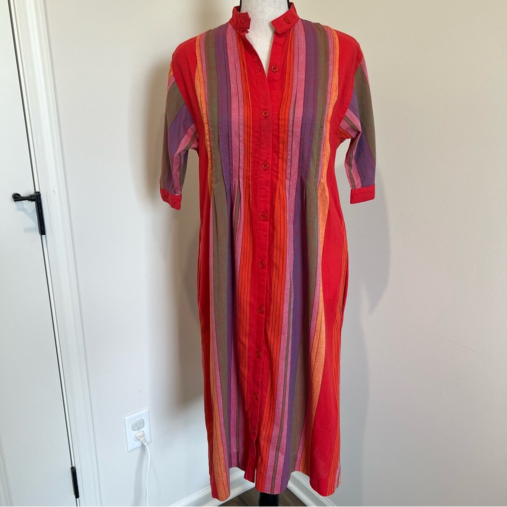 Rare Vtg 70s-80s Striped Multicolor Rainbow Pleated CottonTunic Dress Colorful